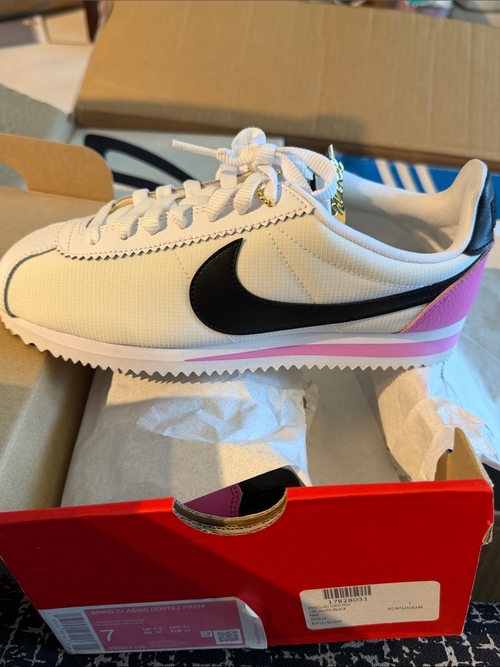 Nike White Black Pink Low-Top Cortez-Style Sneaker